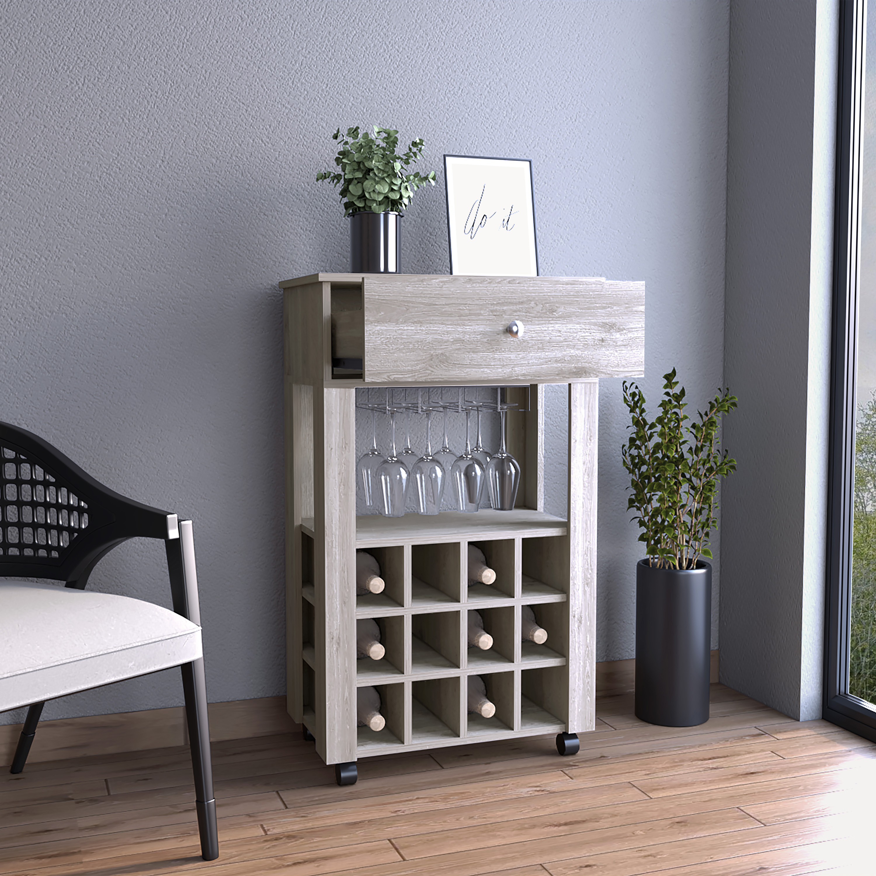 Memphis Bar Cart, Twelve Built-in Wine Rack, Four Legs, One Open Shelf -Light Gray